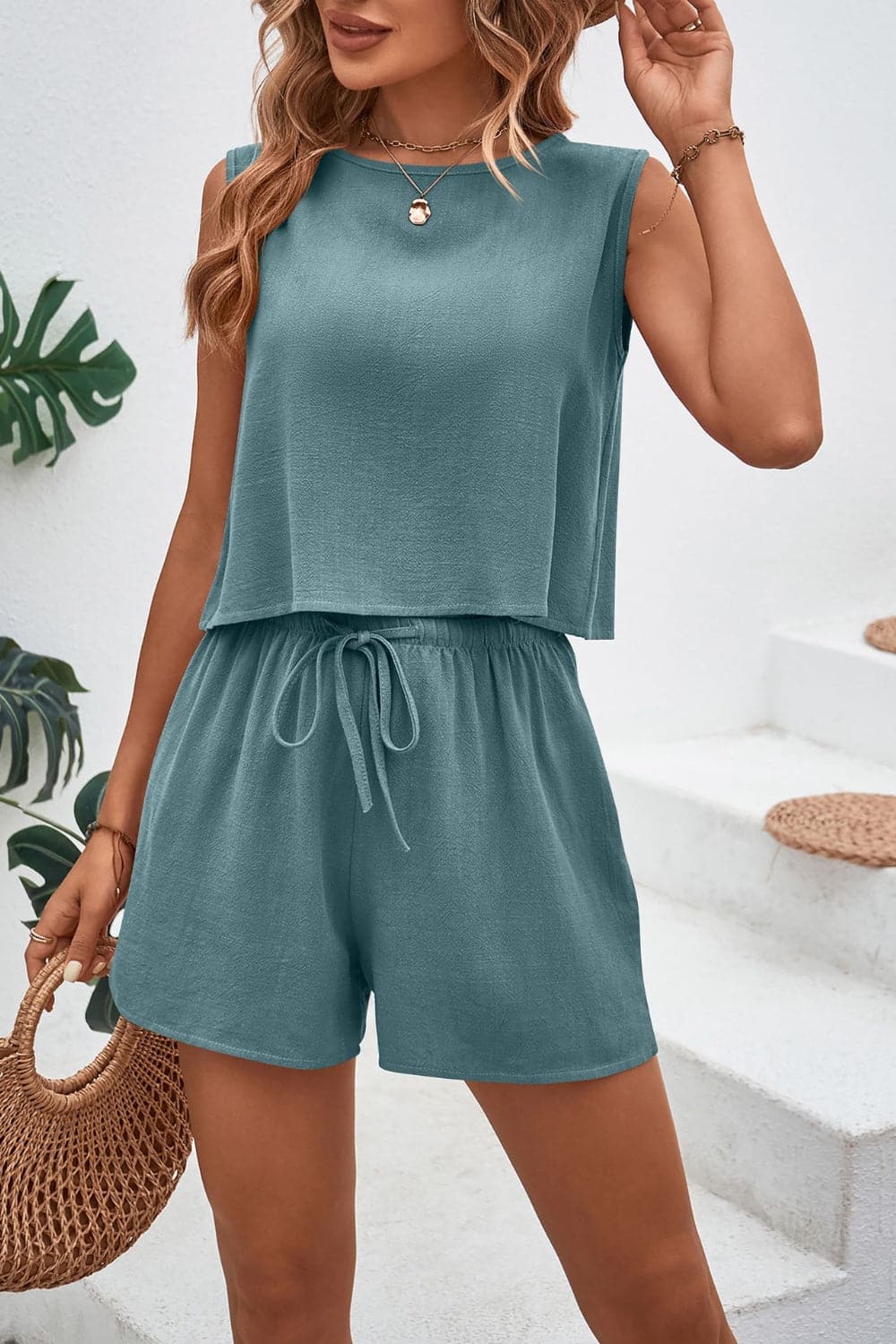 Round Neck Top and Drawstring Shorts Set.