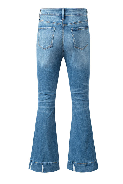 Chic light blue distressed flare jeans for a trendy look