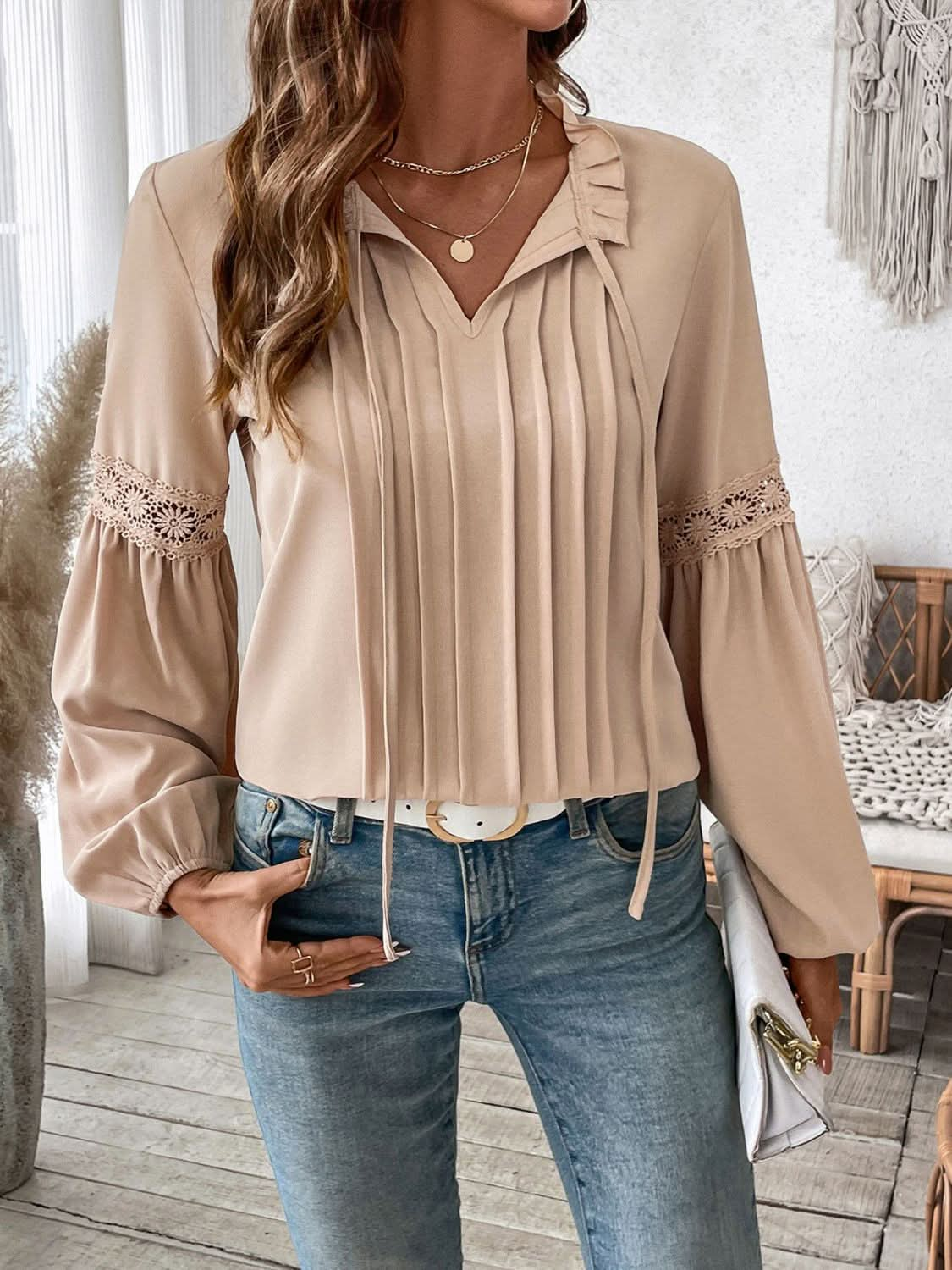 Chic tie neck long sleeve blouse with frill detailing