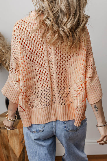 Apricot Blush Open Knit Collared Dolman Sleeve Sweater