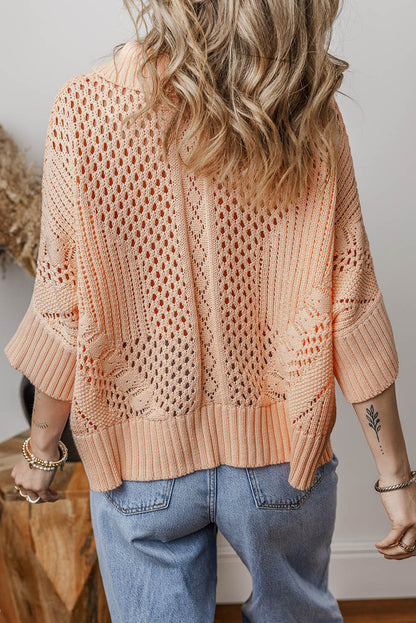 Apricot Pink Hollowed Knit 3/4 Dolman Sleeve Sweater