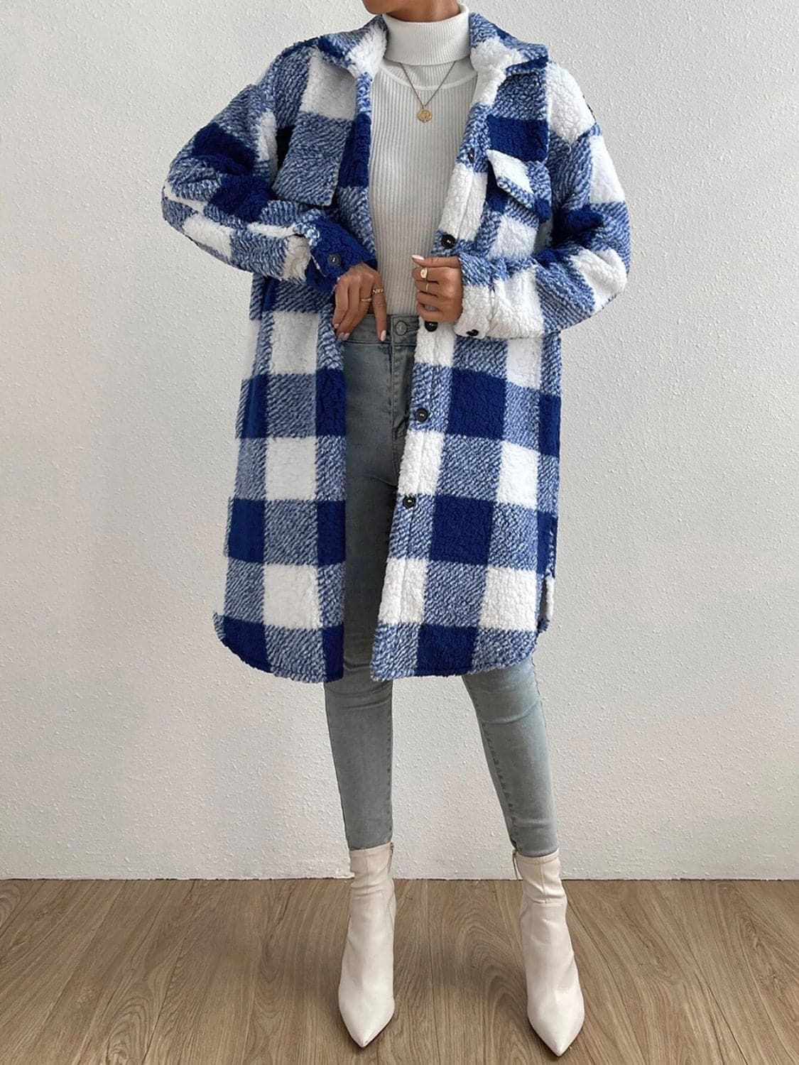 Plaid Collared Neck Button Down Coat.