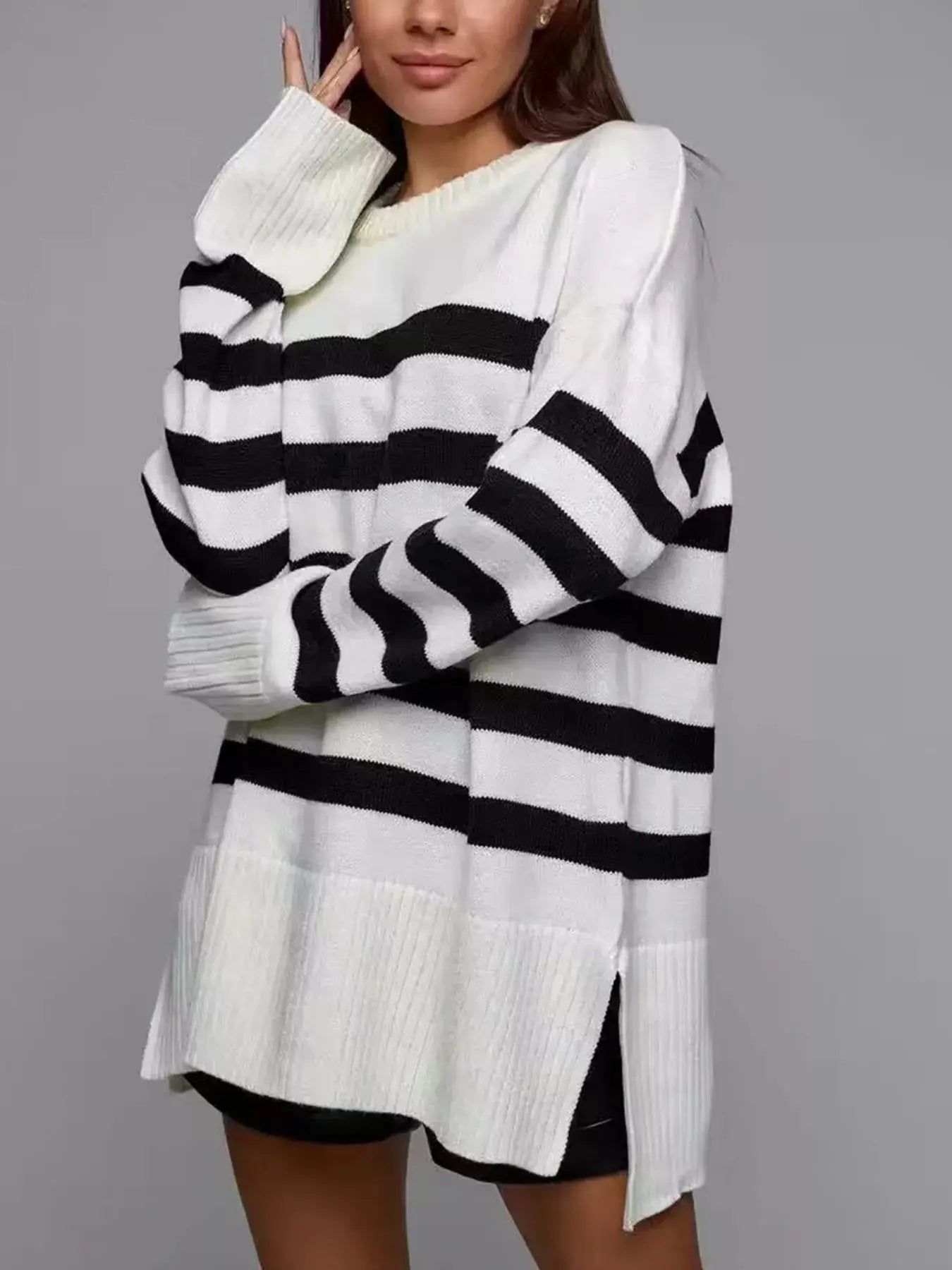 Oversized Striped Knit Sweater With Side Slits Ribbed Simply Love