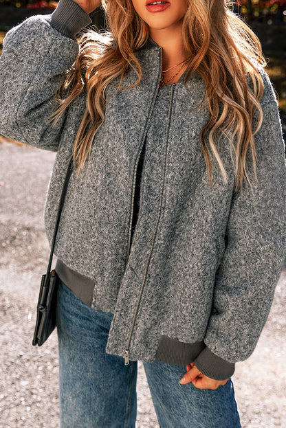 Chic medium grey fuzzy zip-up jacket with pocketed sleeves