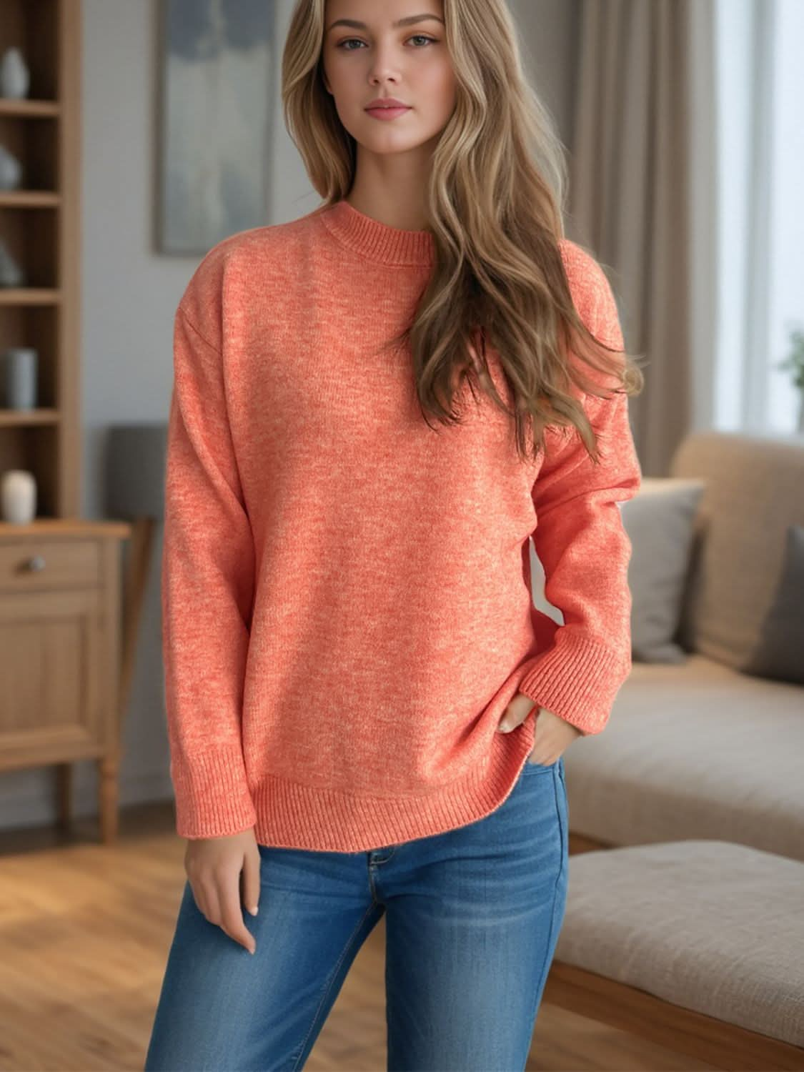 Round Neck Drop Shoulder Long Sleeve Sweater