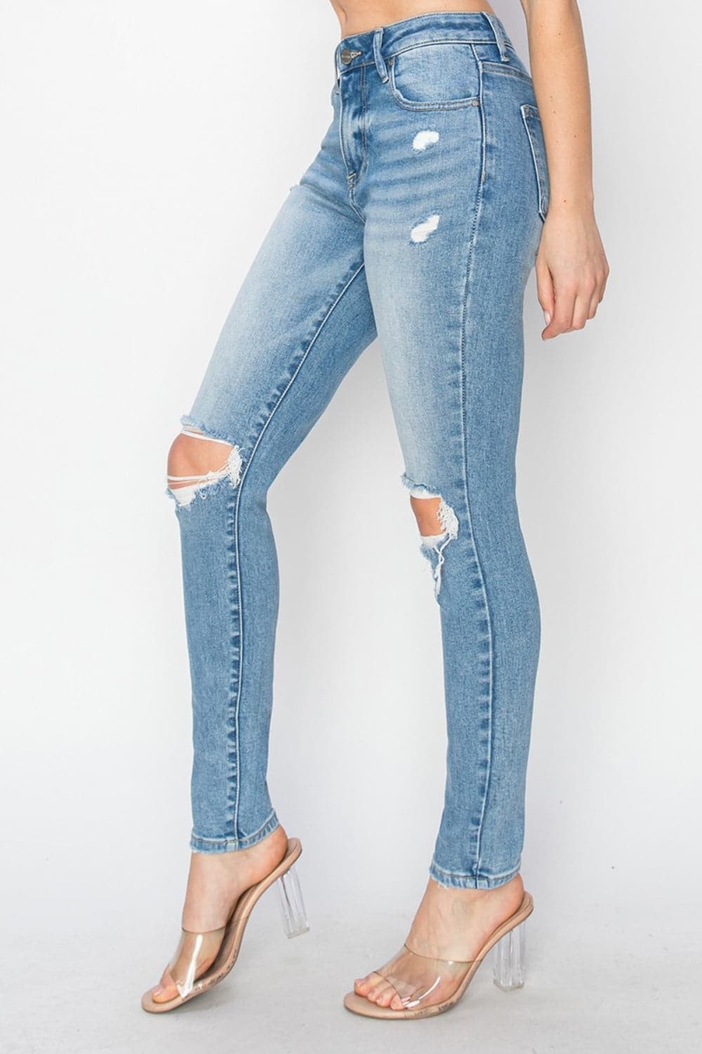 Risen Full Size High Rise Knee Distressed Skinny Jeans.