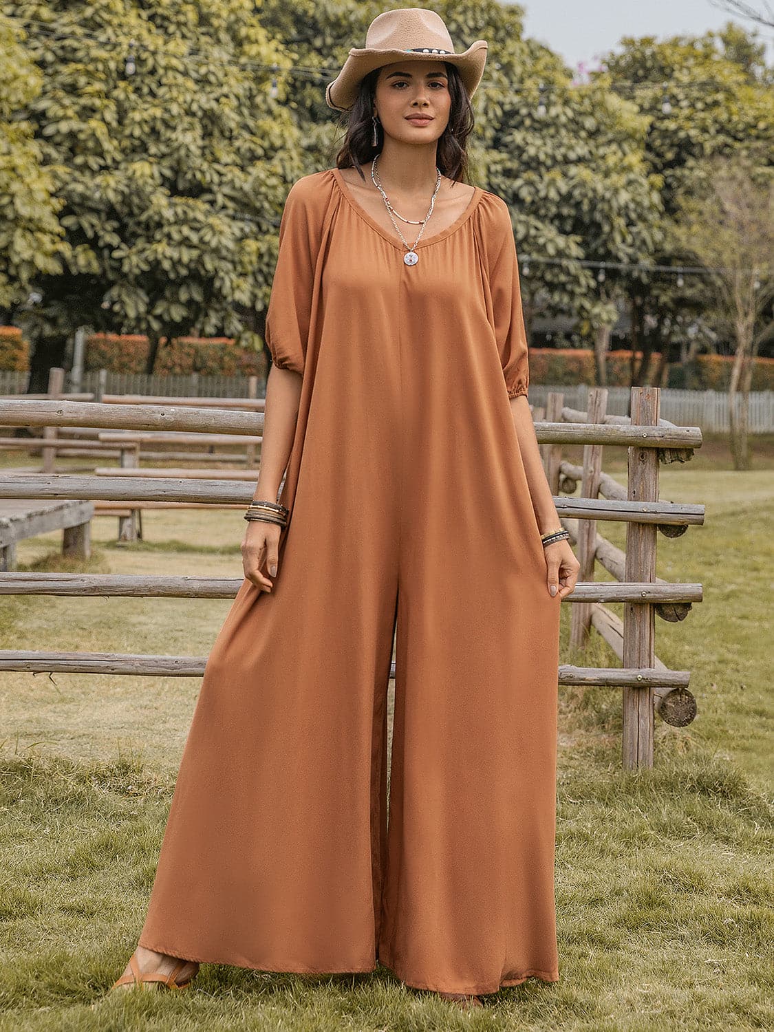 Scoop Neck Half Sleeve Wide Leg Jumpsuit.