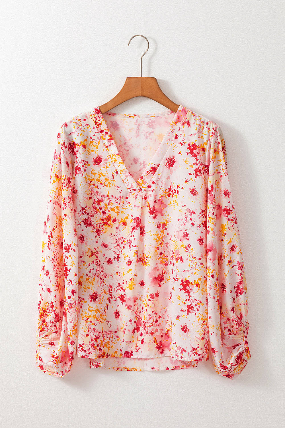 Charming pink floral v-neck blouse with bubble sleeves