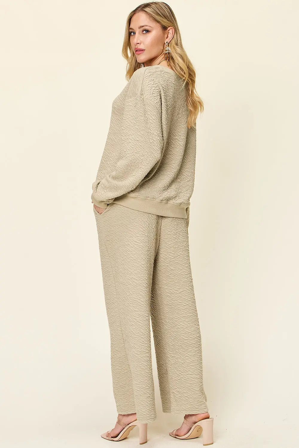 Double Take Full Size Texture Long Sleeve Top and Pants Set - Love Salve