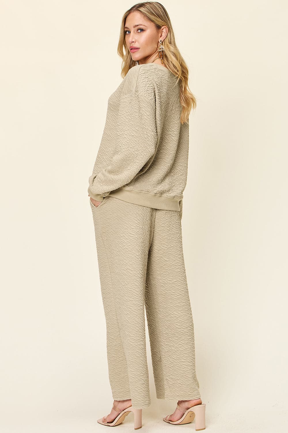 Double Take Full Size Texture Long Sleeve Top and Pants Set.