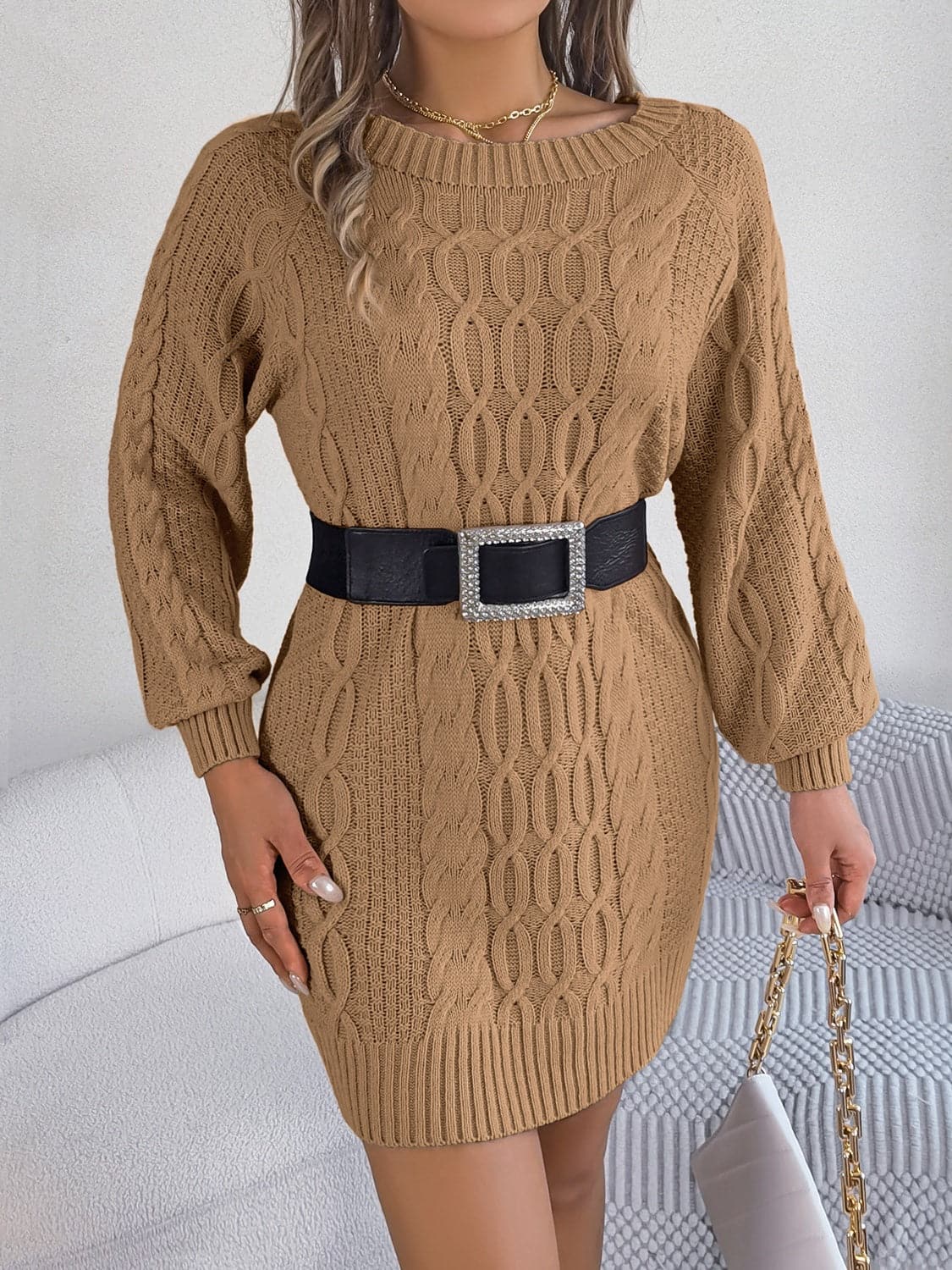 Cable-Knit Round Neck Sweater Dress.