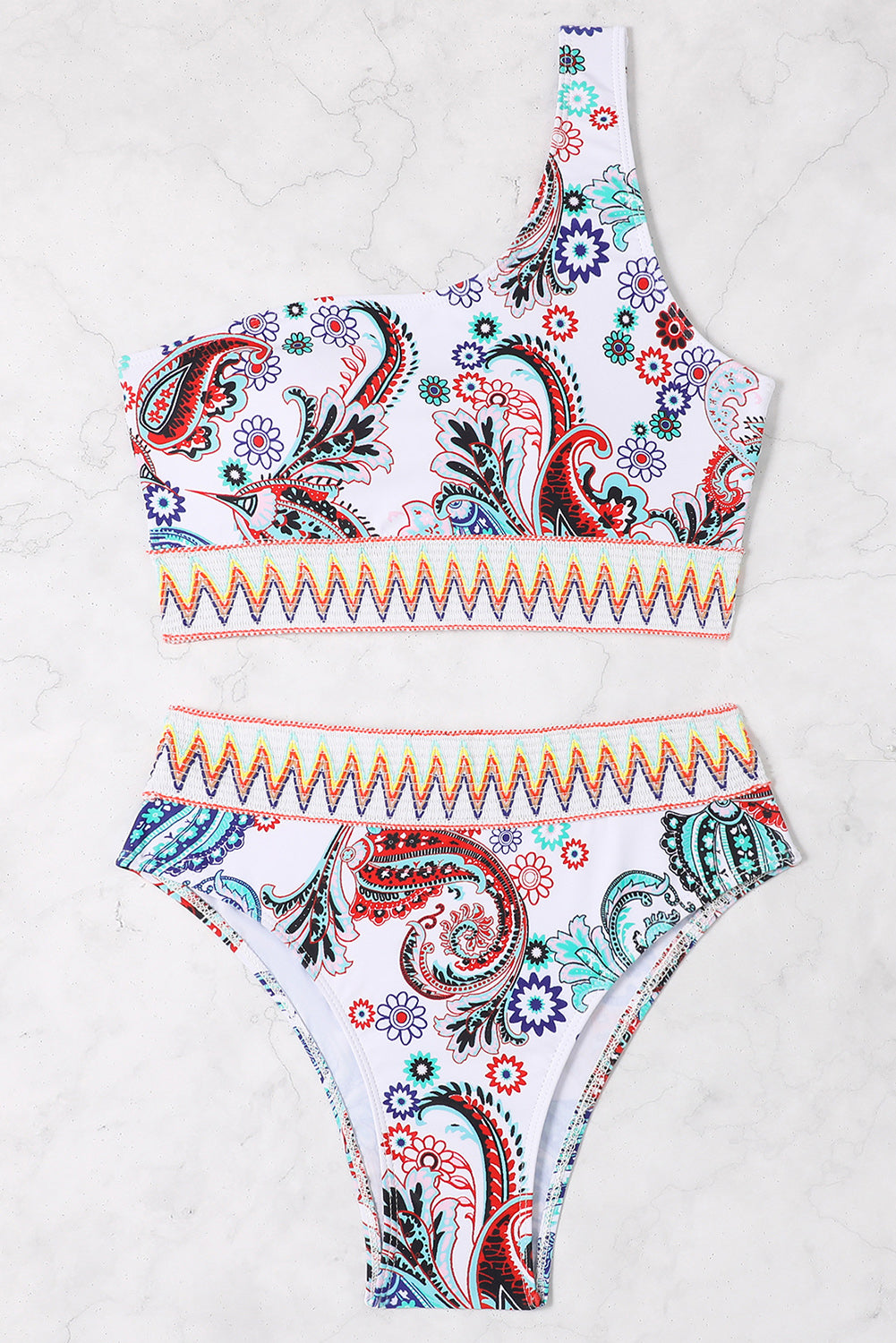 Bohemian white paisley one-shoulder bikini with chic contrast trim