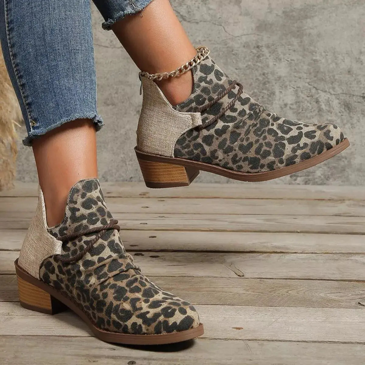 Two Tone Denim Block Heel Ankle Boots Beige Accent Simply Love