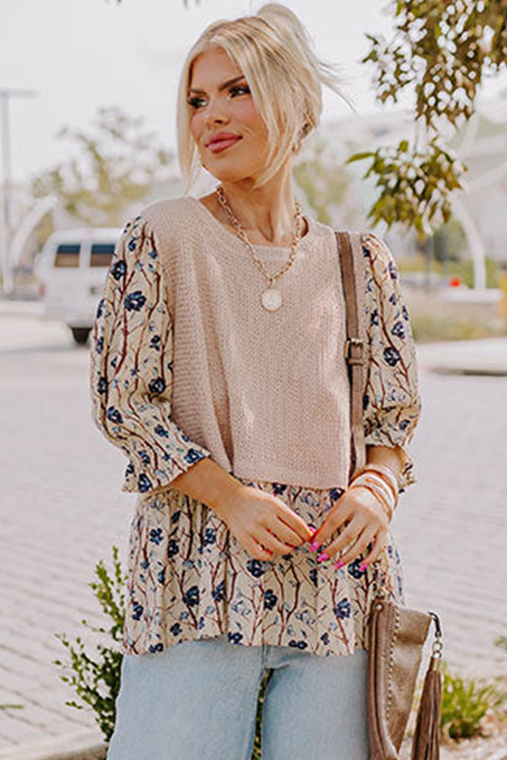 Beige Faux Two Piece Knit Patchwork Floral Plus Size Top Divine Design4U