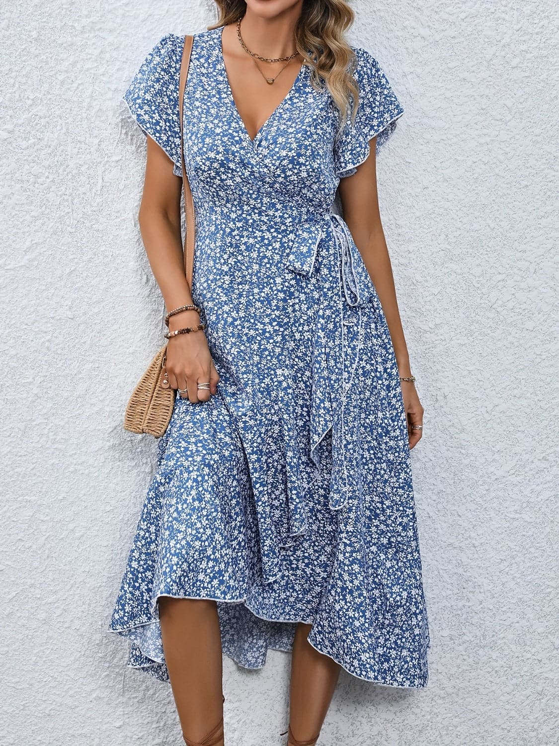 Printed Surplice Flutter Sleeve Midi Dress.