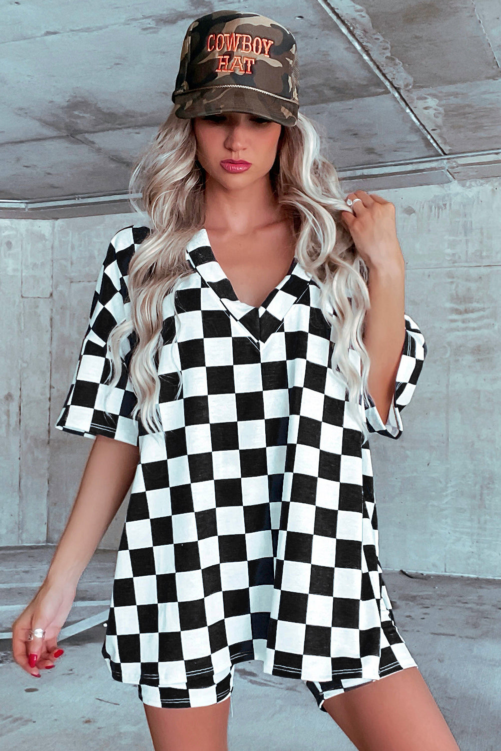 Black Checkerboard Print V Neck Loose Tee and Shorts Set