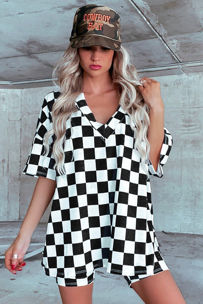 Black Checkerboard Print V Neck Loose Tee and Shorts Set