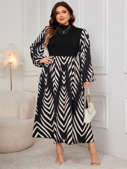 Plus Size Printed Mock Neck Long Sleeve Midi Dress.