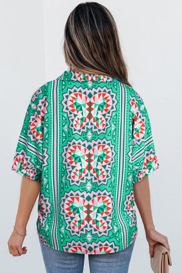 Sea Green Boho Abstract Print Striped V Neck Blouse