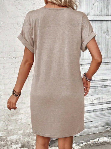 Quarter Button V-Neck Short Sleeve Dress.