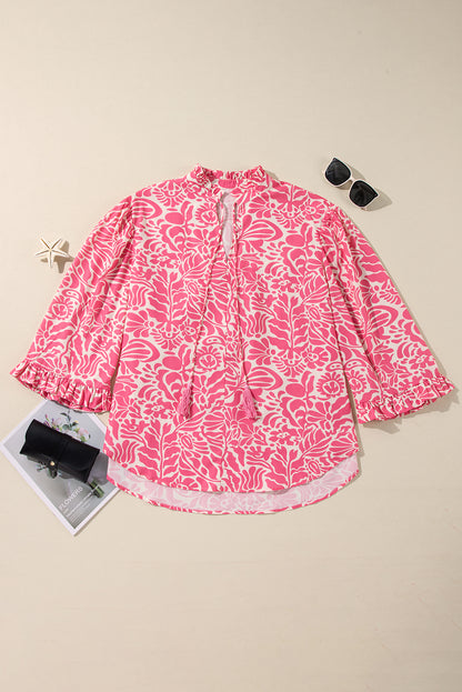 Chic pink plus size floral frill neck puff sleeve top