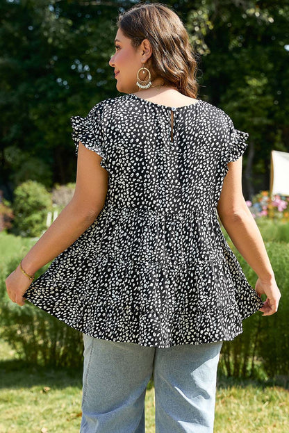 Black Leopard Print Ruffled Short Sleeve Plus Size Blouse