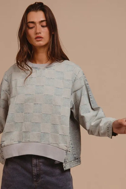 BiBi Mineral Washed Checkered Round Neck Denim Top - Love Salve 