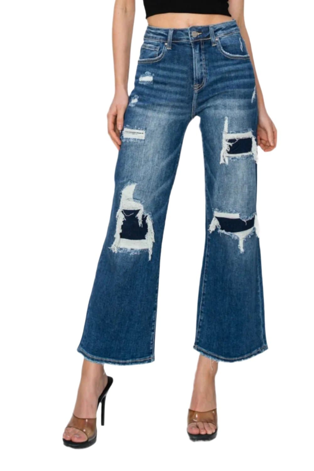 Risen Full Size High Rise Patch Detailed Wide Leg Crop Jeans.