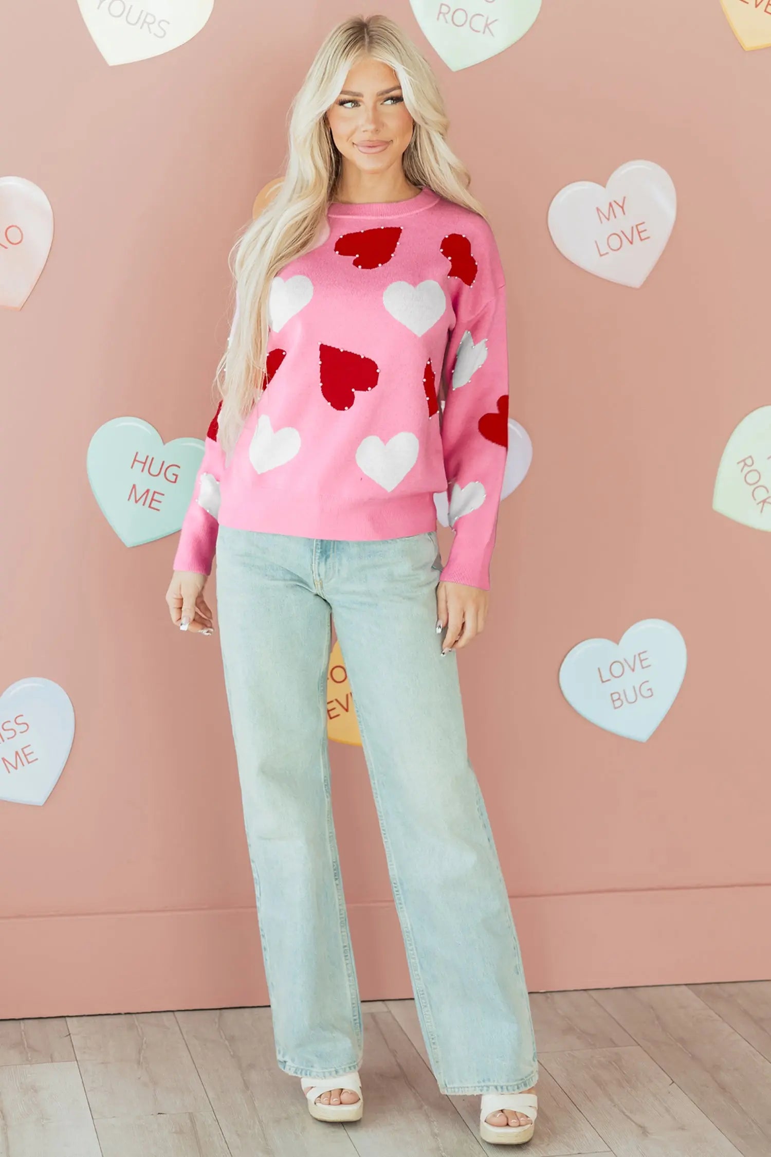 Pink Pearl Embellished Heart Pattern Valentines Day Knit Sweater Dear-Lover Dropshipping