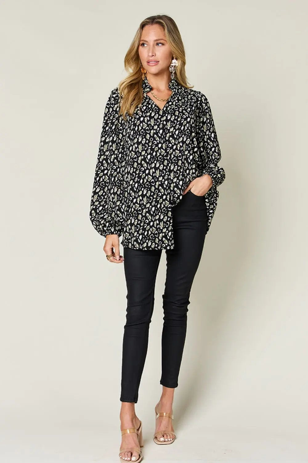 Double Take Full Size Leopard Long Sleeve Blouse - Love Salve