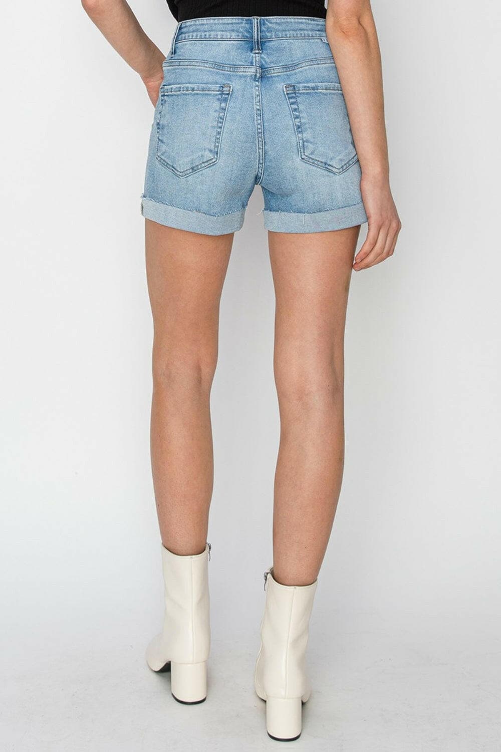 RISEN Distressed Mid-Rise Waist Denim Shorts.