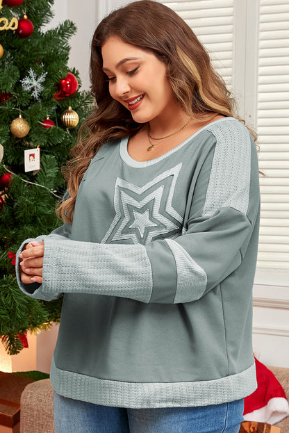 Mist green starry patchwork plus size t-shirt with round neckline