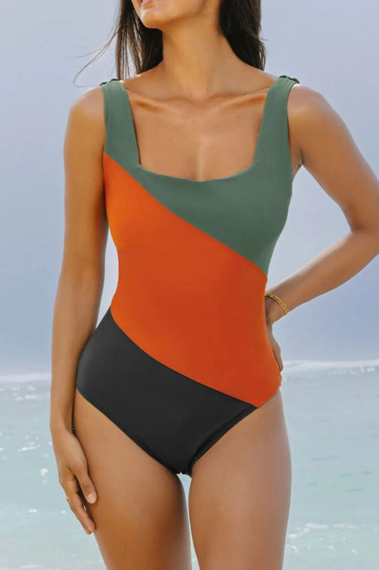 Color Block Padded Square Neck One Piece Swimsuit Simply Love