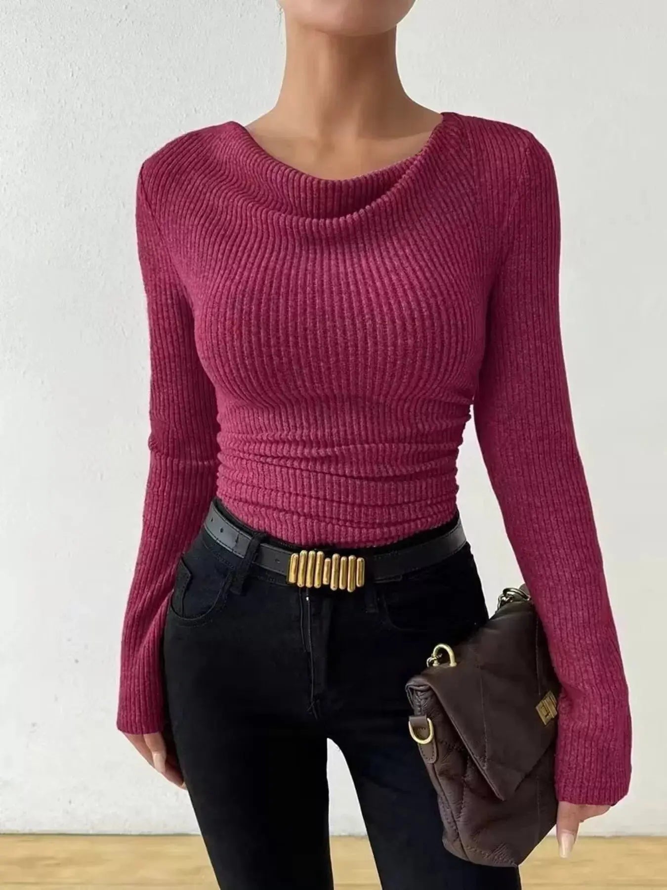 Cowl Neck Ribbed Knit Top Simply Love