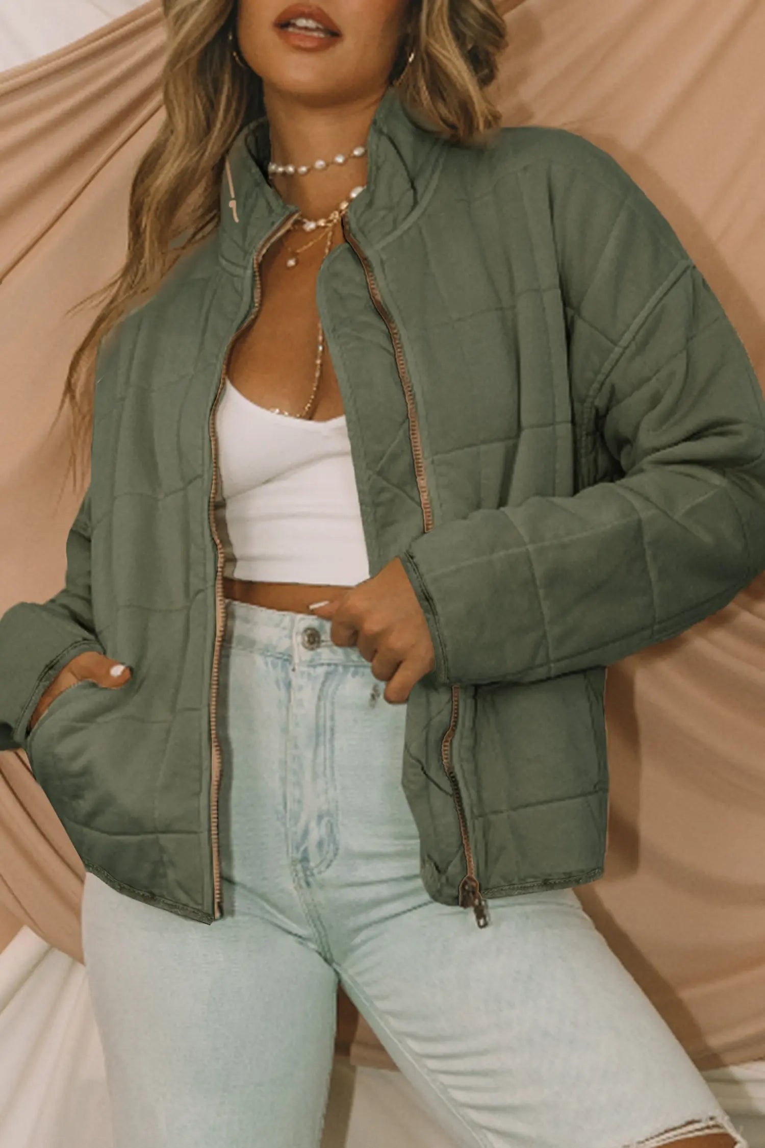 Green Zippered Quilted Jacket With Front Pockets Lightweight Dear-Lover Dropshipping