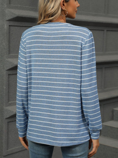 Striped Notched Long Sleeve T-Shirt.