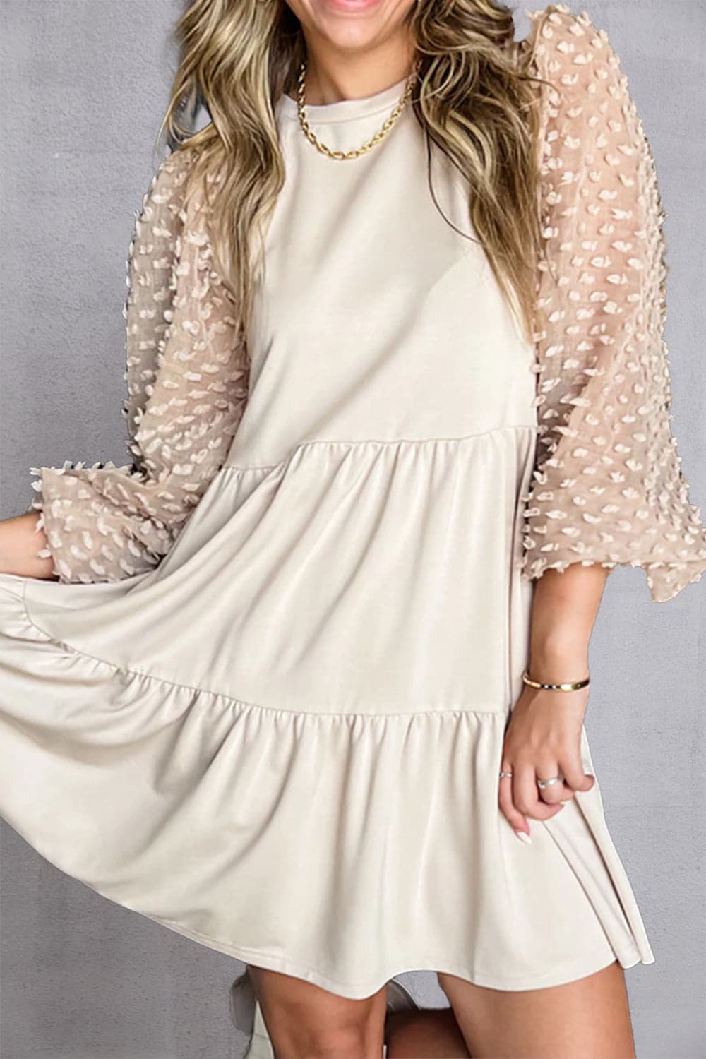 Tiered round neck balloon sleeve mini dress, chic style, beige color, sheer sleeves, women's fashion.