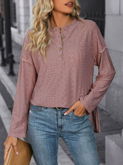 Eyelet Round Neck Long Sleeve Top.