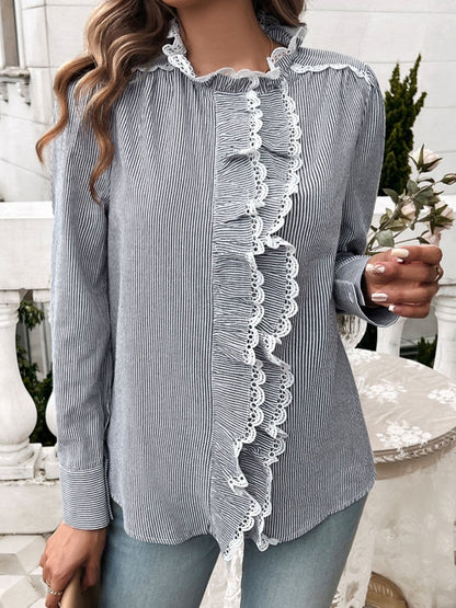 Lace Detail Ruffled Round Neck Long Sleeve Shirt.