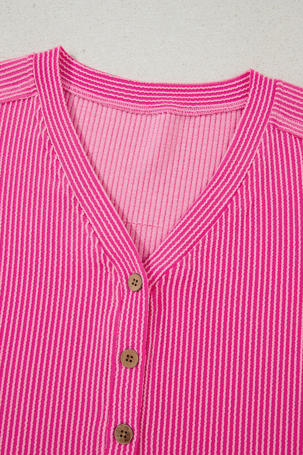 Bright Pink Spiral Ribbed Short Sleeve V Neck Buttoned Romper with Pocket Love Salve