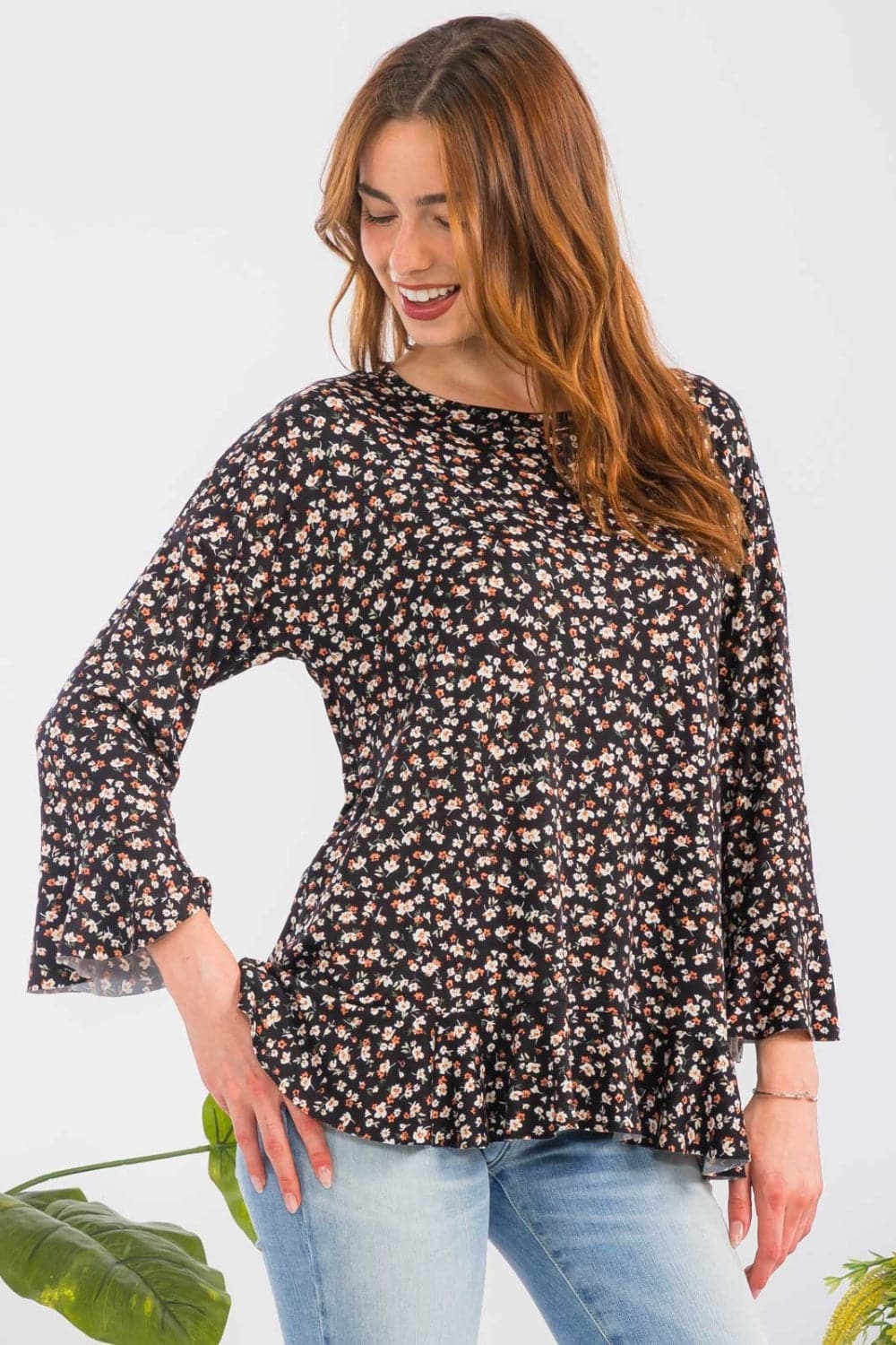 Celeste Full Size Floral Ruffle Detail Top.