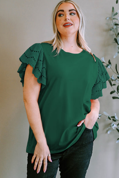 Elegant green plus size flutter sleeve blouse