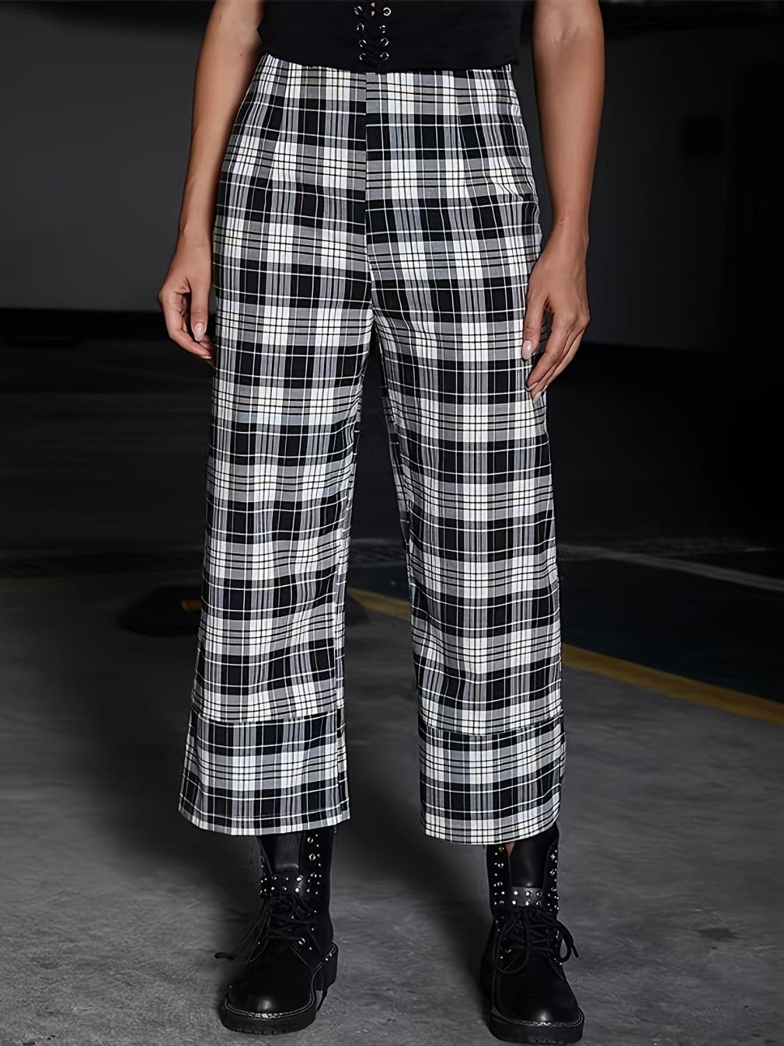 Full Size Plaid High Waist Pants.