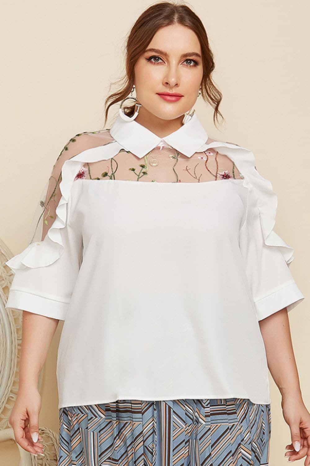 Plus Size Embroidered Ruffle Trim Collared Half Sleeve Blouse.