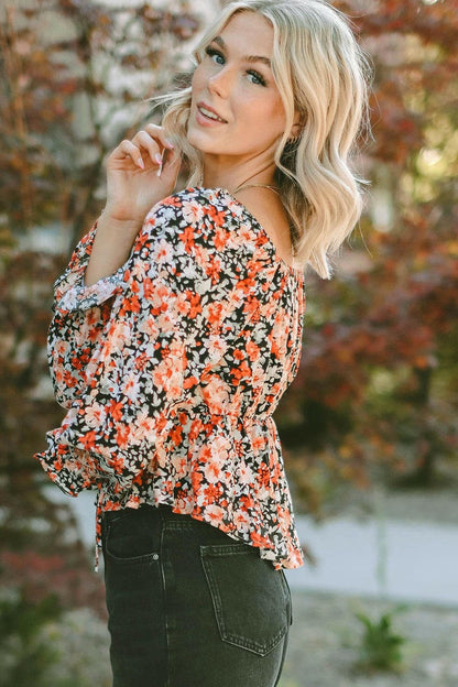 Floral Tied Flounce Sleeve Peplum Blouse.