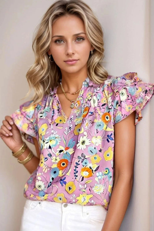 Printed Notched Double Layered Ruffle Sleeve Blouse Simply Love