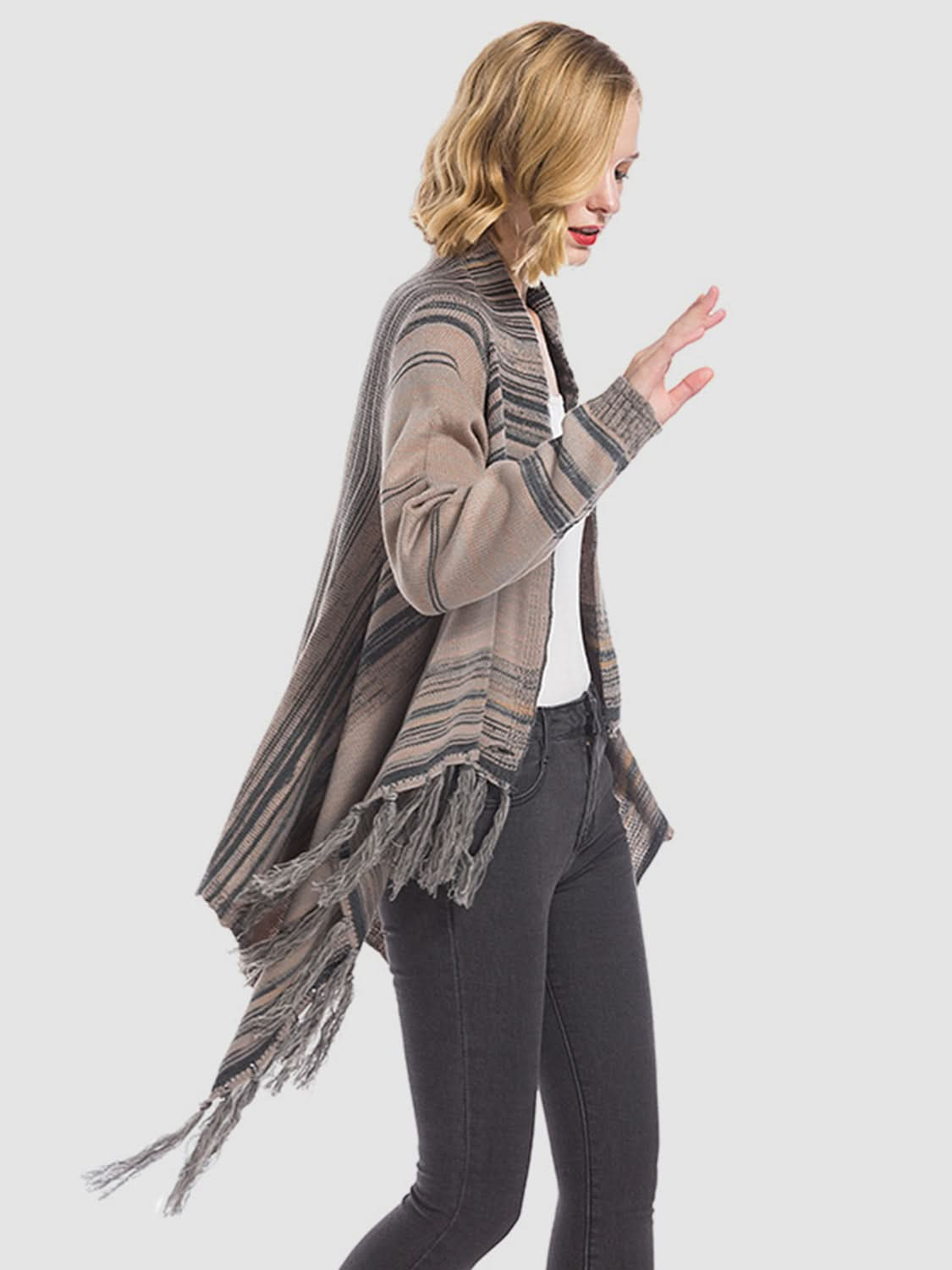 Tassel-trimmed open front cardigan with angel wings design