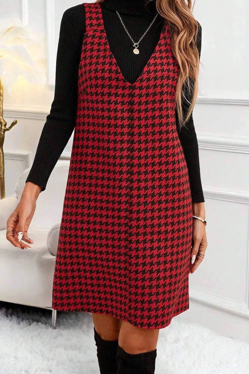 Houndstooth V-Neck Sleeveless Mini Dress Simply Love