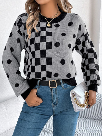 Plaid Round Neck Long Sleeve Sweater.