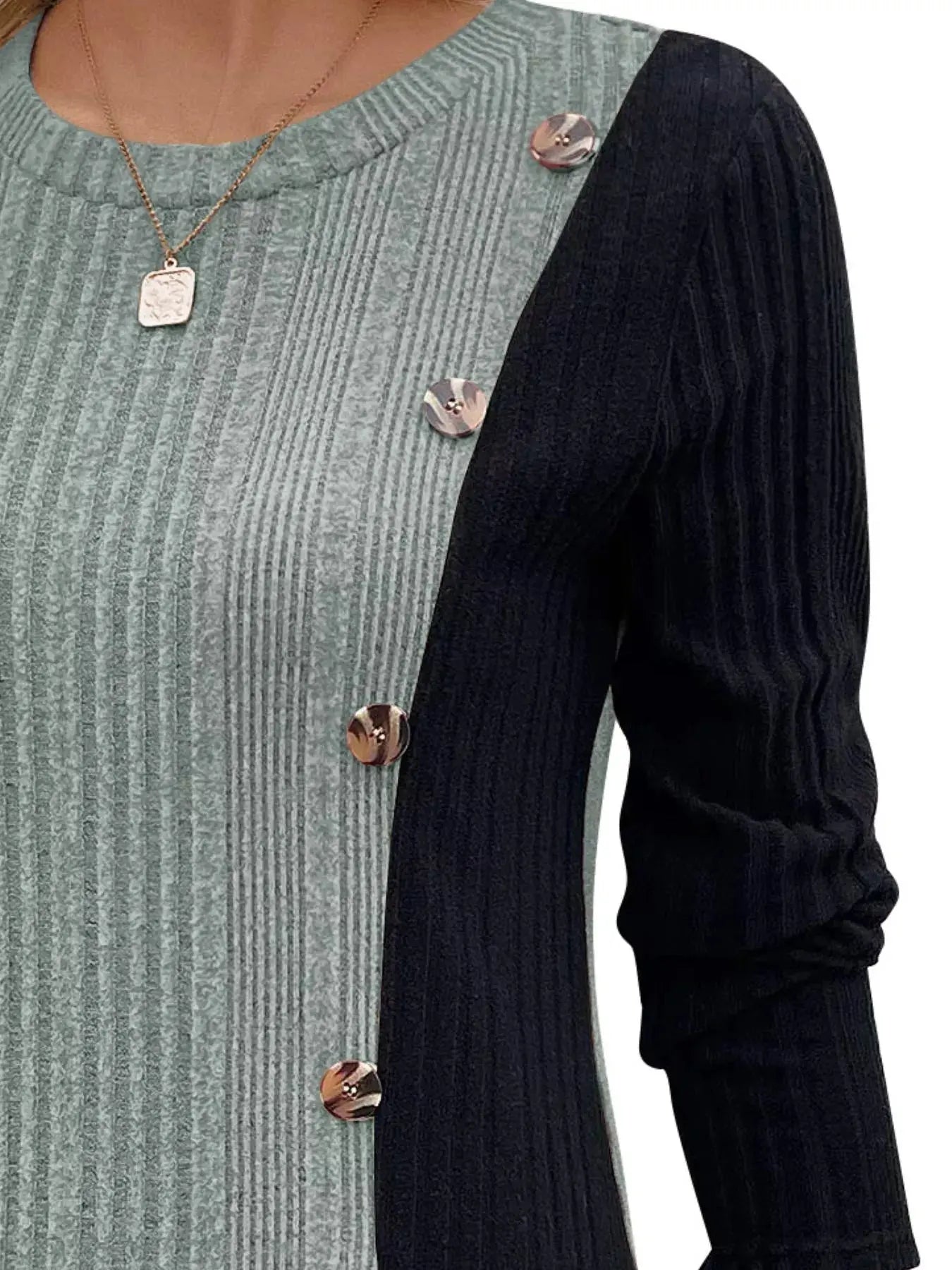 Color Block Ribbed Knit Top With Decorative Buttons Slit Detail Simply Love